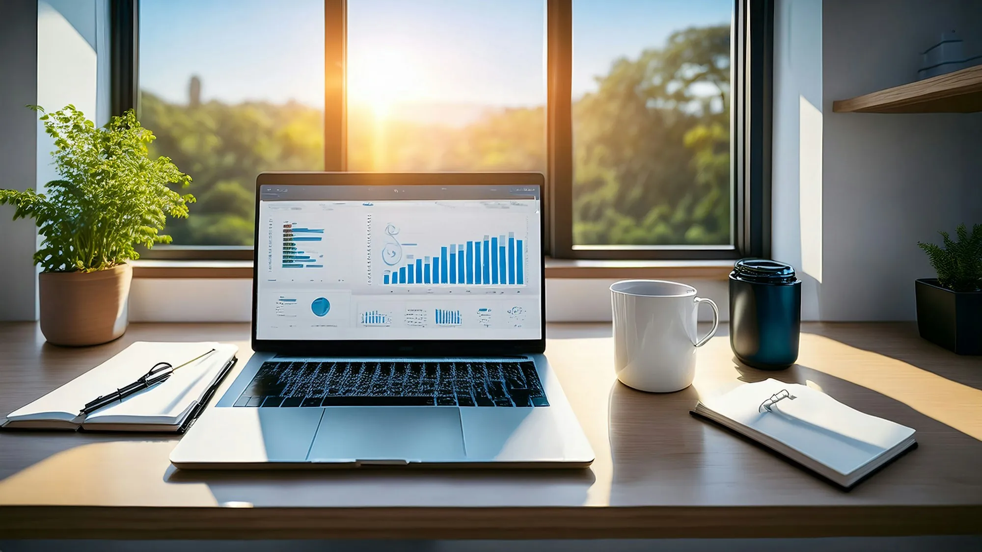 Laptop showing charts on a sunny desk